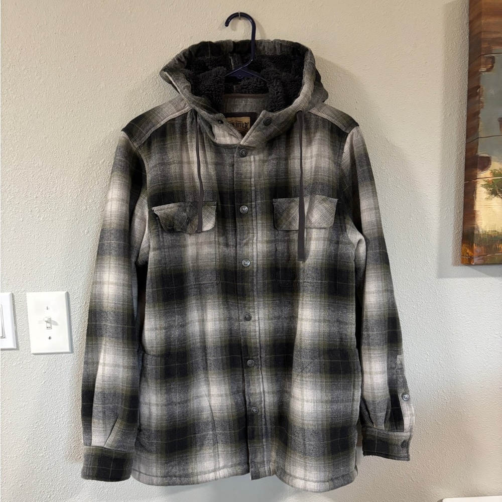 North River Fleece Lined Flannel Hoodie Jacket, Black & White, Size M